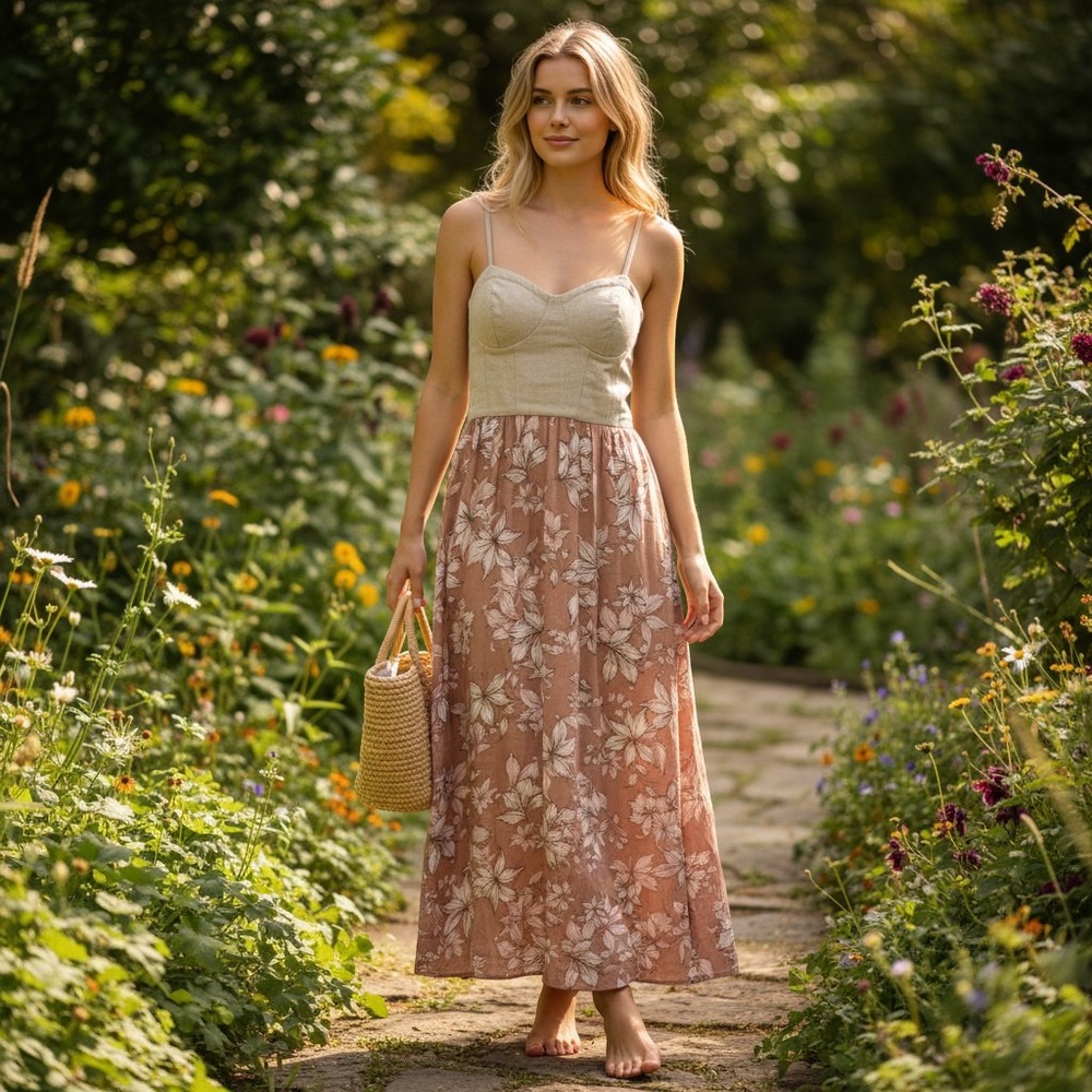 Spaghetti Strap Maxi Dress in Beige and Floral Mauve